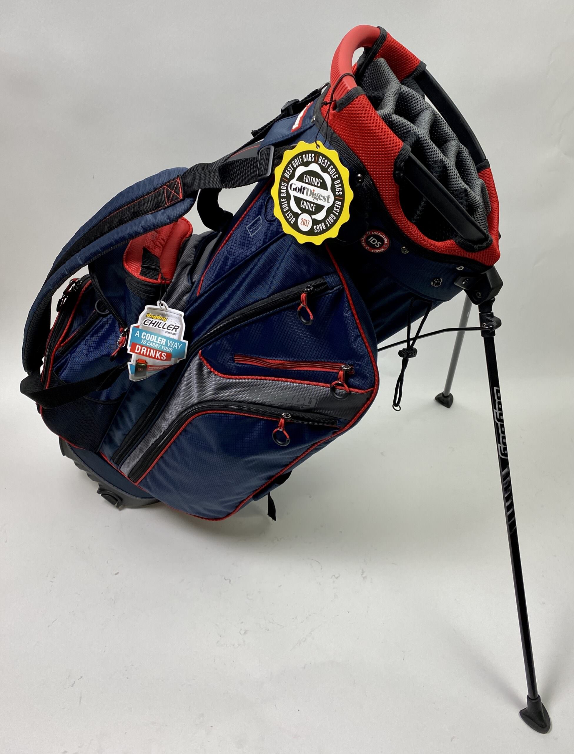 New Bag Boy Golf Chiller Hybrid 14Way Stand Bag Cart/Carry Red/Blue