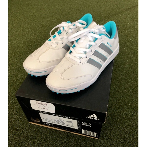 Adidas JR adicross V Junior's Spikeless Golf Shoe Size 3M White/Gray/Blue